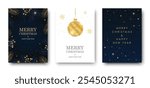 Merry Christmas and Happy New Year greeting card with golden shiny Christmas ball, fir tree branches and berries. Vector illustration.