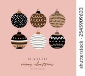 Merry Christmas and Happy New Year. Funny Hand Drawn Christmas Wishes. Cute Vector Illustration of Funny Christmas Tree Balls on a Light Pink Background. Infantile Drawing-like Xmas Card with Baubles.