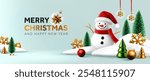 Merry Christmas and Happy New Year Winter Scene with Snowman,Santa hat,Christmas Tree,Golden snow flakes and Golden Decorations on Winter Snow Background,Christmas Promotion Poster or banner template