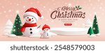 Merry Christmas and happy new year podium display ,Snowman, pine tree, greeting card, winter banner design on pink background, Eps 10 vector illustration