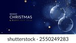 Merry Christmas and Happy New Year banner. Realistic 3d design Elegant Christmas glass ornaments hanging on ribbon, golden confetti on dark blue background. Xmas two bauble balls. Vector illustration