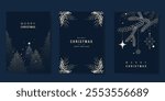 Merry Christmas and Happy New Year greeting card vector set. Luxury invitation with Christmas tree, leaves, sparkle, spot texture on navy blue background. Design illustration for season