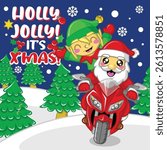 Merry Christmas and happy new year greeting card with cute Santa Claus and little elf riding a bike. Holiday cartoon character in winter season. Vector