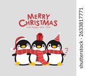 Merry Christmas and happy new year with cute little penguins in xmas hat and red scarf.  -Vector