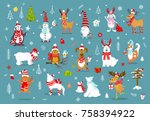 merry christmas  happy new year winter cartoon cute funny animals in santa hats scarfs with presents collection. polar bears, reindeer, deer, fox, cat, dog, wolf, rabbit, penguin, owl, birds, gnome 