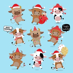 Merry Christmas And Happy New Year 2021. The Year Of The Ox. The Male Cow And Bull Wear Red Winter Costume. Animal Holidays Cartoon Character. -Vector
