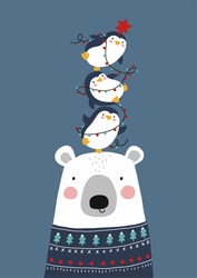 Merry Christmas And Happy New Year Vector Print With Cute Cartoon Penguin, Christmas Garland And Bear In Christmas Sweater