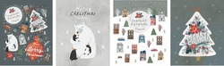 Merry Christmas And Happy New Year! Vector Cute Illustration Of A Festive Christmas Tree, Christmas Tree Toys, Polar Bear With Penguins, Winter City. Drawings For Card, Poster Or Background