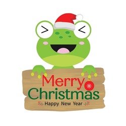 Merry Christmas And Happy New Year Greeting Card With Cute Frog.