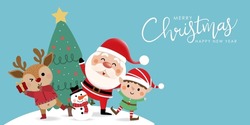 Merry Christmas And Happy New Year Greeting Card With Cute Santa Claus, Little Elf, Snowman, Xmas Tree  And Deer. Holiday Cartoon Character In Winter Season. -Vector