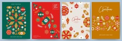 Merry Christmas And Happy New Year Set Of Greeting Cards, Posters, Holiday Covers. Modern Xmas Design With Geometric Pattern In Green, Red, Gold, White Colors. Christmas Tree, Balls, Stars, Snowflakes