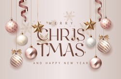 Merry Christmas And Happy New Year Greeting Card. Christmas Holiday Background With Snowflakes, Glass Balls And Stars. Soft Pink And Beige With Silver Luxury Colors