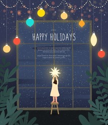 Merry Christmas And Happy New Year. Cute Girl Put Golden Star On Top. Window With A Night Sky. Xmas Celebration Concept. Holiday Card, Flyer. Hand Drawn Style. Trendy Flat Design Vector Illustration.