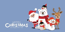 Merry Christmas And Happy New Year 2024 Greeting Card With Cute Santa Claus, Snowman, Bear, Penguin And Deer. Holiday Cartoon Character In Winter Season. -Vector 