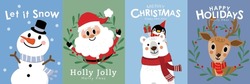 Merry Christmas And Happy New Year 2024 Greeting Card With Cute Santa Claus, Snowman, Bear, Penguin And Deer. Holiday Cartoon Character In Winter Season. -Vector 