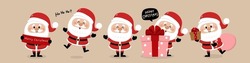 Merry Christmas And Happy New Year Greeting Card With Cute Santa Claus Collection. Holiday Cartoon Characters Set. -Vector