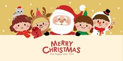Merry Christmas And Happy New Year Greeting Card With Santa Claus, Cute Kids In Snowman, Xmas Tree, Deer And Red Costume. Holiday Cartoon Character In Winter Season. -Vector