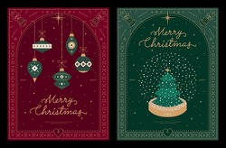 Merry christmas, Happy new year greeting card, holiday cover, banner. Modern Xmas background poster design, Geometric pattern frame. Lettering, Tree, Ball, Snow globe. Trendy vector flat illustration.