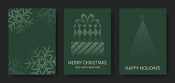 Merry Christmas and Happy New Year, luxury brochure covers, cards, greetings, poster, holiday vector illustration set. Snowflakes, Christmas tree, gifts on green background.