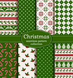 Merry Christmas And Happy New Year! Colorful Seamless Backgrounds With Holiday Symbols And Patterns: Tree Ball, Reindeer, Holly, Candy Cane, Argyle, Polka Dot And Norwegian Selbu Rose. Vector Set.