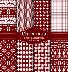 Merry Christmas And Happy New Year! Set Of Red And White Seamless Backgrounds For Winter Or Holiday Design. Warm Textile Patterns: Argyle, Plaid, Norwegian And Knitted Patterns. Vector Collection.