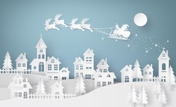Veselé Vánoce A šťastný Nový Rok. Ilustrace Santa Claus Na Obloze Přichází Do Města, Papírové Umění A Digitální řemeslný Styl