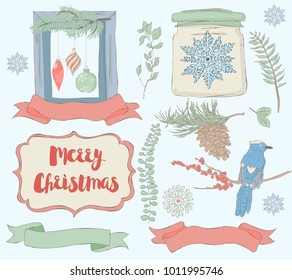 Merry Christmas Happy New Year cute festive cartoon element collection. Set of hand drawn holiday decoration. Includes mittens, snowflakes, snowman, winter brunches, winter bird and design elements. 