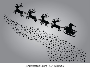 Merry Christmas and Happy New Year. Santa Claus riding in a sleigh with harness on the reindeer. Vector illustration.