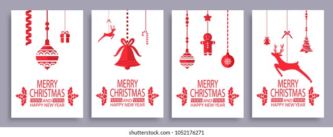 Merry Christmas and happy New Year set of posters isolated on white background. Vector illustration with xmas tree surrounded by cookies, glass balls and deer