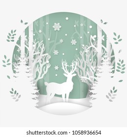 Merry Christmas and Happy New Year. Deer in forest with snow in the winter season.Design paper art and crafts.