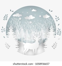 Merry Christmas and Happy New Year. Deer in forest with snow in the winter season.Design paper art and crafts.