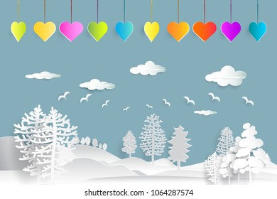 Merry Christmas and Happy New Year, paper art and landscape crafts with heart hanging, mountain and cloud beauty used for printing on book cover, banner, magazine, greeting card, vector illustration.