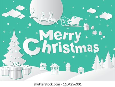 Merry Christmas and Happy New Year. Illustration of Santa Claus on the sky coming to City ,paper art and craft style.