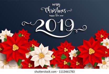 Merry Christmas And Happy New Year 2019 Background beautiful flower paper cut art and craft style on color Background.