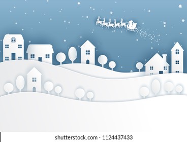 Merry Christmas and Happy New Year. Illustration of Santa Claus on the sky ,paper art and digital craft style