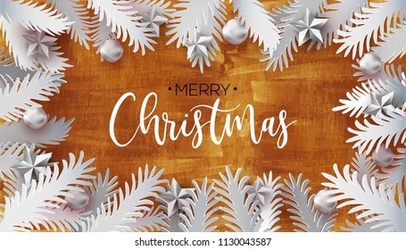 Merry Christmas and Happy New year Branches Frame on golden textured background. Vector Illustration. Paper art cut out fir tree branches around calligraphy greetings. Retro styled holiday banner
