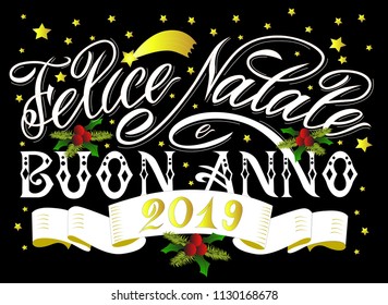 Merry Christmas and Happy New Year greeting card. Itallian language.With gold stars and decoration. On black background. White letters. Modern calligraphy lettering. As greeting card, print, poster