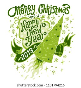 Merry Christmas and Happy New Year 2019 Greeting card. Isolated vector illustration, poster, invitation, postcard or background.