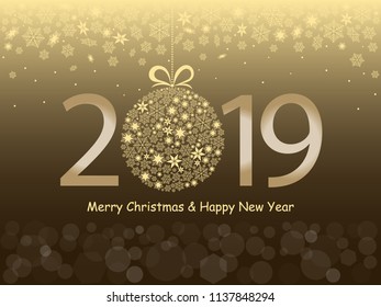 Merry Christmas and Happy New Year 2019 greeting gold design. Vector illustration with text, snowflakes and bokeh light