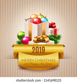 Merry Christmas and Happy New Year 2019 postcard design, gifts, tree branches, decoration, vector illustration