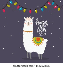 Merry Christmas and Happy new year card with cute Alpaca