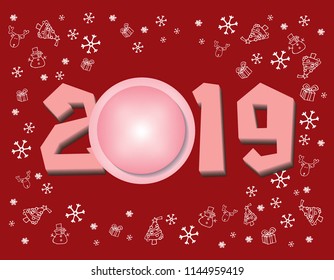 Merry Christmas and Happy New Year 2019, Vector on red background For the new year card design, Illustration, EPS10