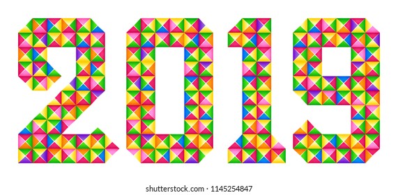 Merry Christmas and Happy new year. Geometric colorful mosaic numbers 2019. Winter holidays design of new years greeting card, calendar, poster, banner with 2019 numbers isolated Vector abstract decor