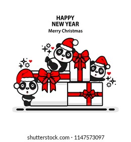Merry Christmas and happy New Year  greeting card. Cute animals wearing Santa red hat and new year gift boxes.