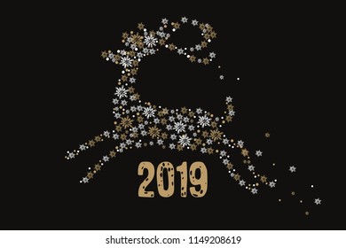 Merry Christmas and Happy New Year 2019 Greeting Card. Golden deer with snowflakes on a white background. Vector illustration.