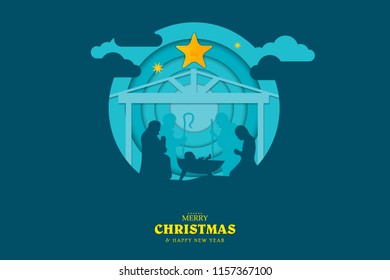 Merry Christmas and Happy New Year. Christmas composition in paper art and digital craft style. Background for covers, invitations, posters, banners, flyers, placards . Vector illustration EPS10.