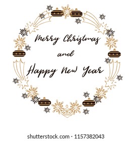 Merry Christmas and Happy New Year  greeting card. Christmas Wreath. Deers, golden stars, snowflackes, christmas balls, angels on a white background.