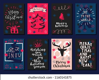 Merry Christmas, Happy New Year, Let It Snow and Happy Holidays vintage hand drawn greeting cards, gift tags, postcards, posters in blue and red colors. Calligraphic artwork vector illustration