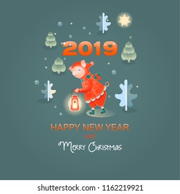Merry Christmas and Happy New Year. Vector illustration. Chinese calendar for year of pig 2019. Cute pig. Chinese horoscope. Symbol of the year. Winter forest, a lantern and a piglet. Greeting card