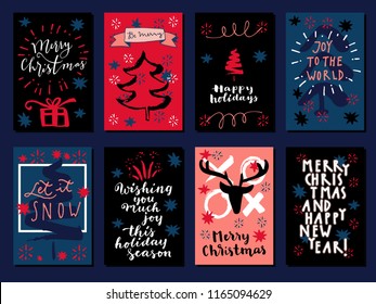 Merry Christmas, Happy New Year, Let It Snow and Happy Holidays vintage hand drawn greeting cards, gift tags, postcards, posters in blue and red colors. Calligraphic artwork vector illustration